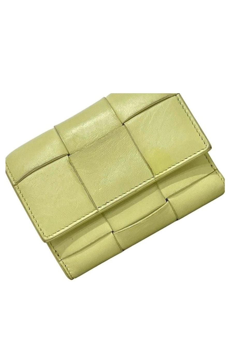 Bottega Veneta Trifold Wallet Compact Cassette Leather Light Yellow Intrecciato